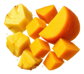 Chopped pineapple and mango pieces appearing to hover with moisture droplets visible.