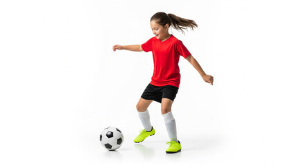 Girl playing soccer with soccer ball isolated on white background