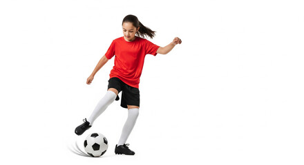 Girl playing soccer with soccer ball isolated on white background