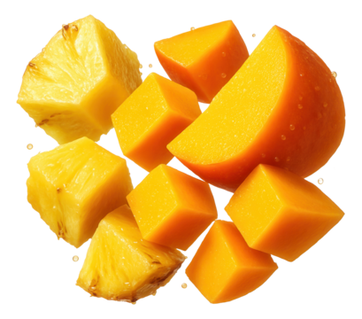Chopped pineapple and mango pieces appearing to hover with moisture droplets visible.