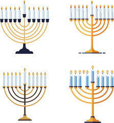 Collection of stylized traditional candelabras with multiple branches and illuminated candles, perfect for projects symbolizing light, faith, and the spirit of enduring cultural festivities.