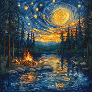 A surreal night scene of a burning campfire near a river and forest under a bright starry sky.