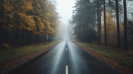 Obraz premium Foggy autumn road through a forest