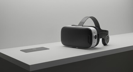 Virtual reality headset and smartphone on a white surface against a plain background.