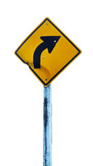 Damaged right curve traffic warning sign