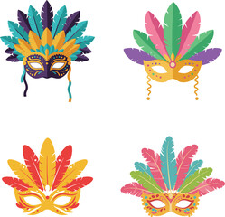Colorful vector collection of masquerade ball masks adorned with elaborate feathers for a festive holiday celebration concept.