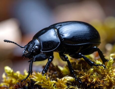 Close-up of a black beetle on moss - Powered by Adobe