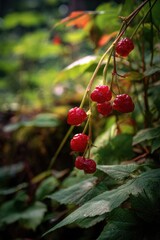Fototapeta premium Red berries cluster on vines, bathed in sunlight
