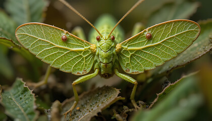 A striking close up of a green grasshopper with intricately veined wings perfectly camouflaged amongst lush foliage showcasing nature s remarkable artistry and detail