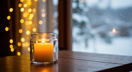 Candle in glass jar on table with blurred lights and snowy window.