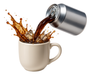 A metal can of cola being poured into a ceramic mug, causing the ice inside to crack and rise.