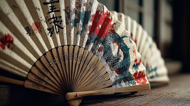 A richly decorated Asian fan, close-up