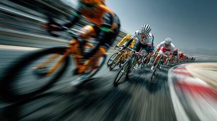 Dynamic cyclists race intensely along a curved track, concept of high-speed competitive cycling events.