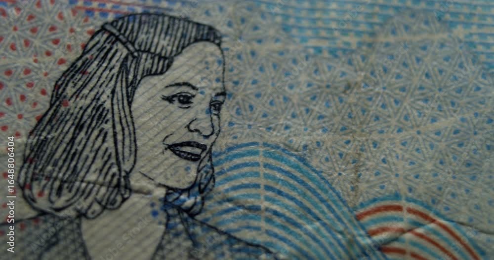 Poster extreme macro view of a banknote showing a female portrait, intricate security lines, and colorful p