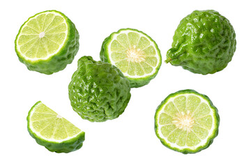 set of bergamot lime fruit and slices isolated on white