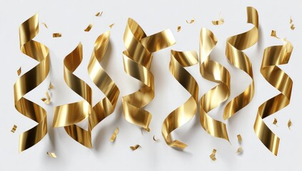 Gold streamers and confetti on white