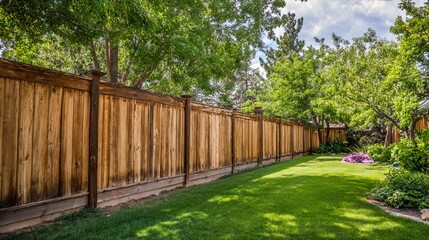 Lush green lawn with vibrant flowers beside a rustic wooden fence in a serene garden setting.