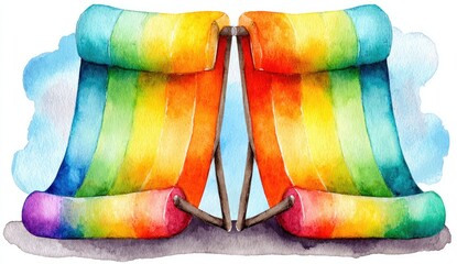 Two colorful rainbow lounge chairs on a light gray background with stylized clouds