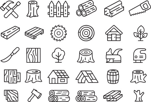 This clean vector woodworking and carpentry line icon set showcases tools, lumber, logs, saws, and timber for DIY construction.