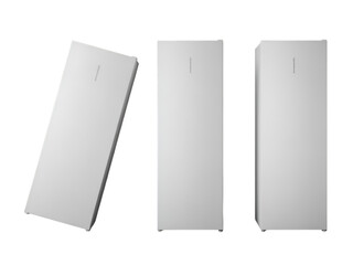 Three white refrigerators with subtle branding on black