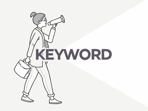Silhouette of a person holding a megaphone with the word "Keyword" displayed. - Powered by Adobe