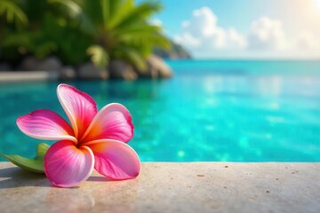 Sun-drenched plumeria on turquoise pool edge, tropical backdrop , serene, flowers