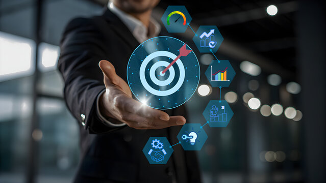 Business man shows market targets and achievements 