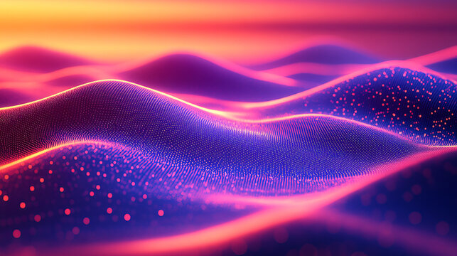 Abstract digital landscape with vibrant, swirling colors and glowing particles.  A mesmerizing visual representation of data waves or energy