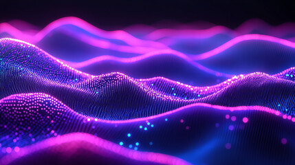 Abstract digital landscape of glowing, vibrant, undulating, particle formations in shades of pink and blue