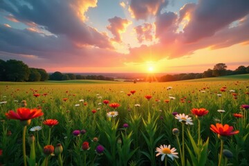 Vibrant sunset over lush green field, wildflowers in bloom, sunset, warm