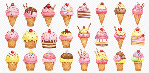 A delightful collection of watercolor ice cream cones and cakes, showcasing various flavors and toppings.