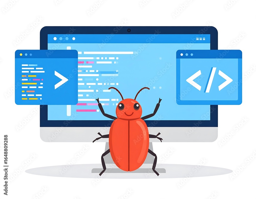 Fototapete cartoon bug on a computer screen displaying code