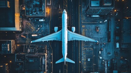 High-angle view of a jetliner on an airport tarmac, surrounded by city buildings