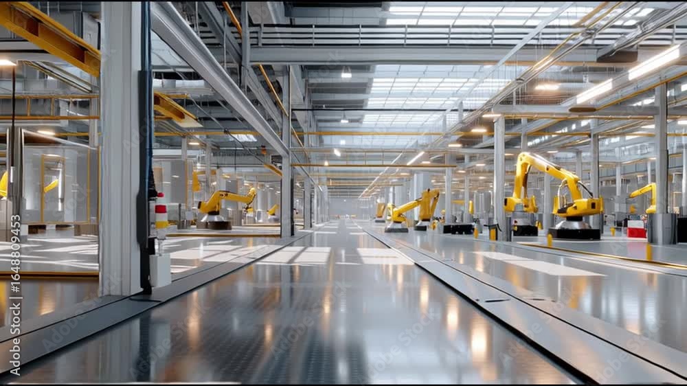 Poster modern factory interior showcasing advanced robotics and automation technology in a spacious manufac