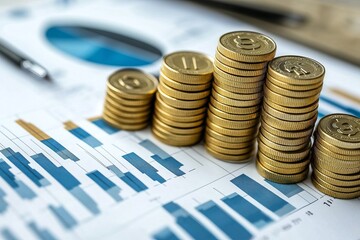 Gold coins stacked in rising columns on financial charts