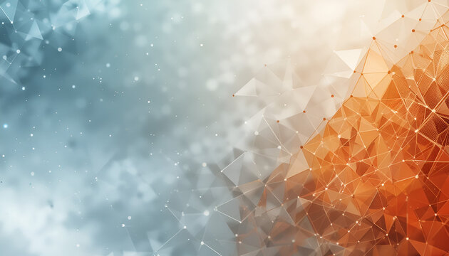 Dynamic abstract network of glowing connections and geometric shapes with orange and blue hues