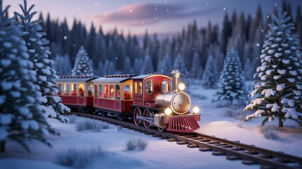 Photo of a festive red steam train travels through a snowcovered forest at twilight, carrying passengers on a magical christmas journey