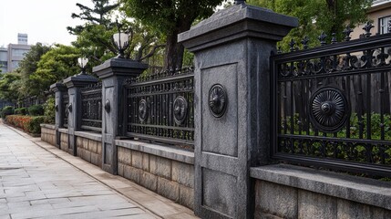 Naklejka premium A beautifully designed stone wall with ornate black ironwork, bordered by lush greenery in a serene setting.