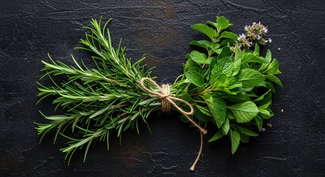 Fresh rosemary and mint herbs tied together on a dark background, perfect for adding aromatic flavor to your cooking and recipes