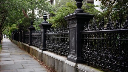 A decorative black iron fence lining a quiet tree-lined walkway, surrounded by lush green foliage.