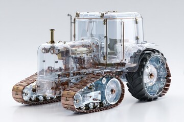 Transparent, detailed view of a vintage tractor's internal mechanisms, showcased with a clear chassis and copper-toned components.  Visible are the engine, wheels, and track systems.