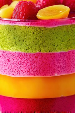 Delicious layers of cakes or pastries with fillings, berries, and fruits. Dessert in cross-section, bright and colorful background, vertical image.