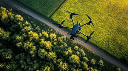 Drone over fields and forest.  Aerial view of a drone flying over a dirt road amidst green and yellow fields
