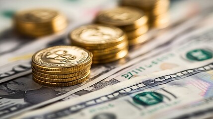 Gold coins stacked on US dollar bills