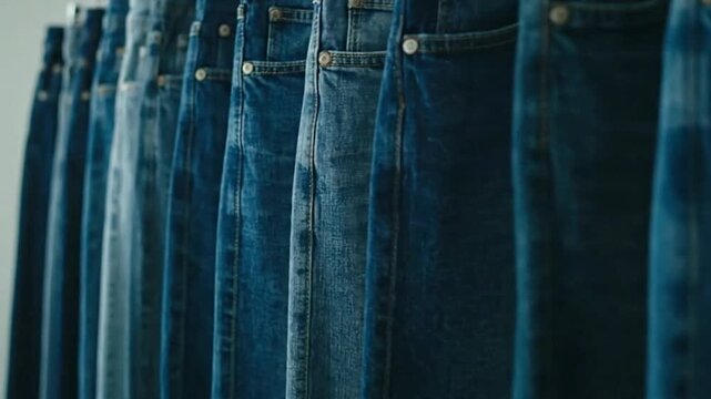 Row of blue jeans hanging various denim shades detailed pocket  seams visible