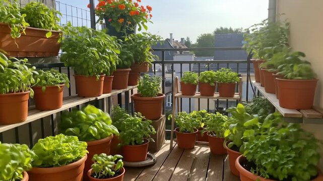Thriving green plant and herb collection in pots on sunlit balcony terrace home garden