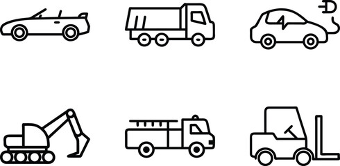 Collection of Minimal Line Icons Representing Various Vehicles Including Cars, Trucks, Buses, Motorcycles, Bicycles, Construction Equipment, and Emergency Vehicles