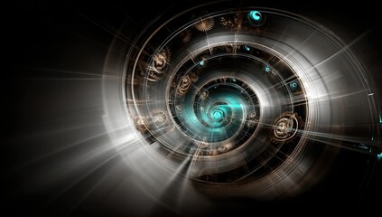 Abstract spiral design, metallic gears, glowing light