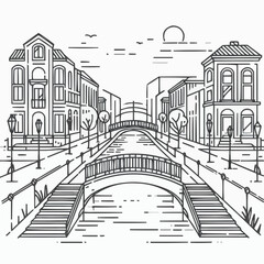 Charming canal street illustration with bridges and vintage buildings at sunset