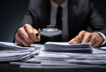 A serious professional meticulously examines stacks of documents with a magnifying glass, searching for important details in the paperwork.